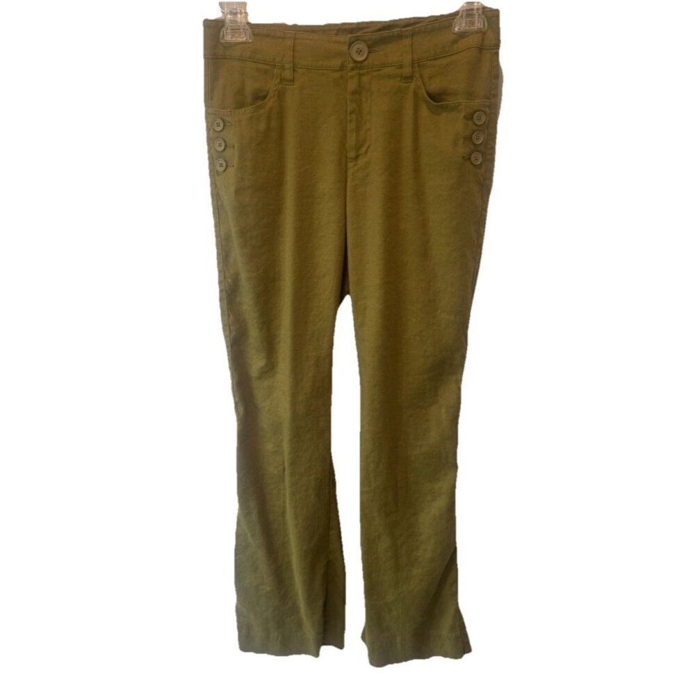 Cabi Charlie Olive Green Linen Stretch Wide Leg Flare Trouser Pants 2 Boho